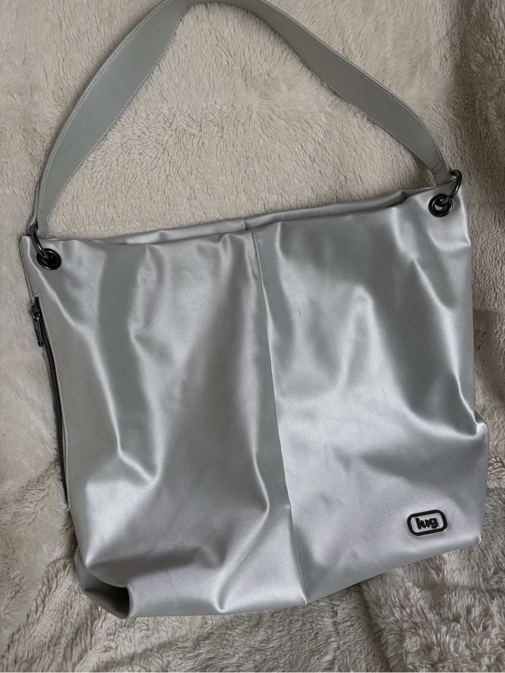 EUC Lug Plunge Satin Luxe VL Carry-All Crossbody Bag, Metallic Silver